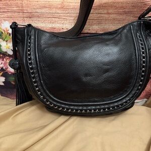 Black Pebbled Leather Hobo Shoulder Bag Studded Trim Tassel